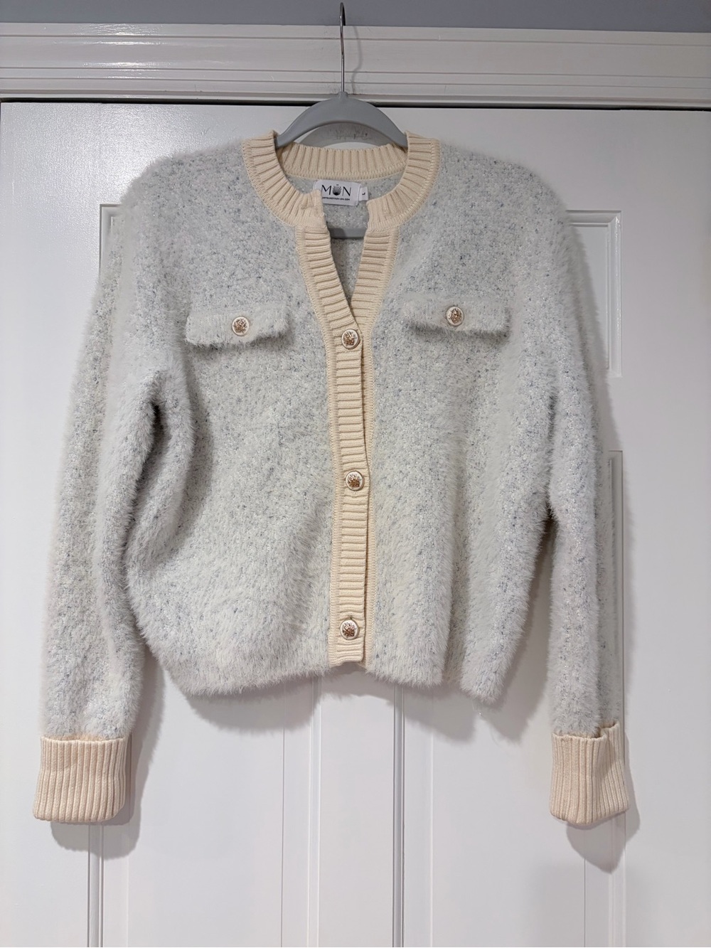 MUN Munyoung Fashion Fuzzy Sparkle Cardigan Ivory Blue Size L